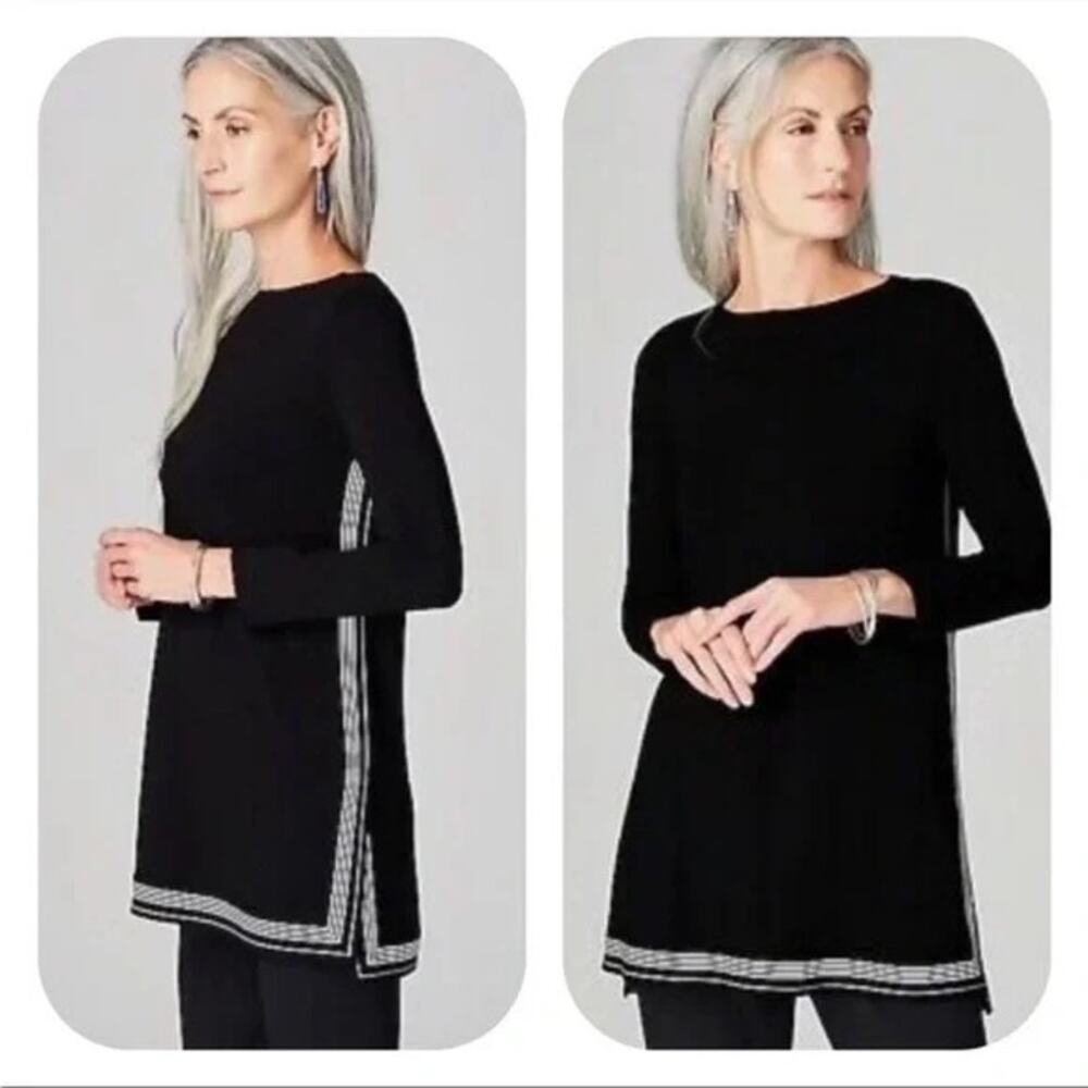J. Jill Wearever Collection Black Soft Jersey Knit Stripe Split Hem Tunic Top